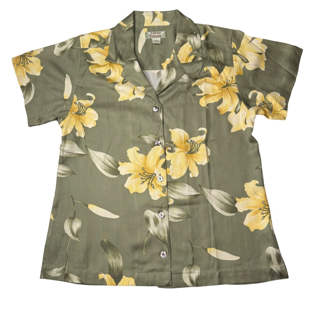 VTG Tommy Bahama Silk Floral Shirt Womens Small Green Yellow Lily Camp Hawaiian